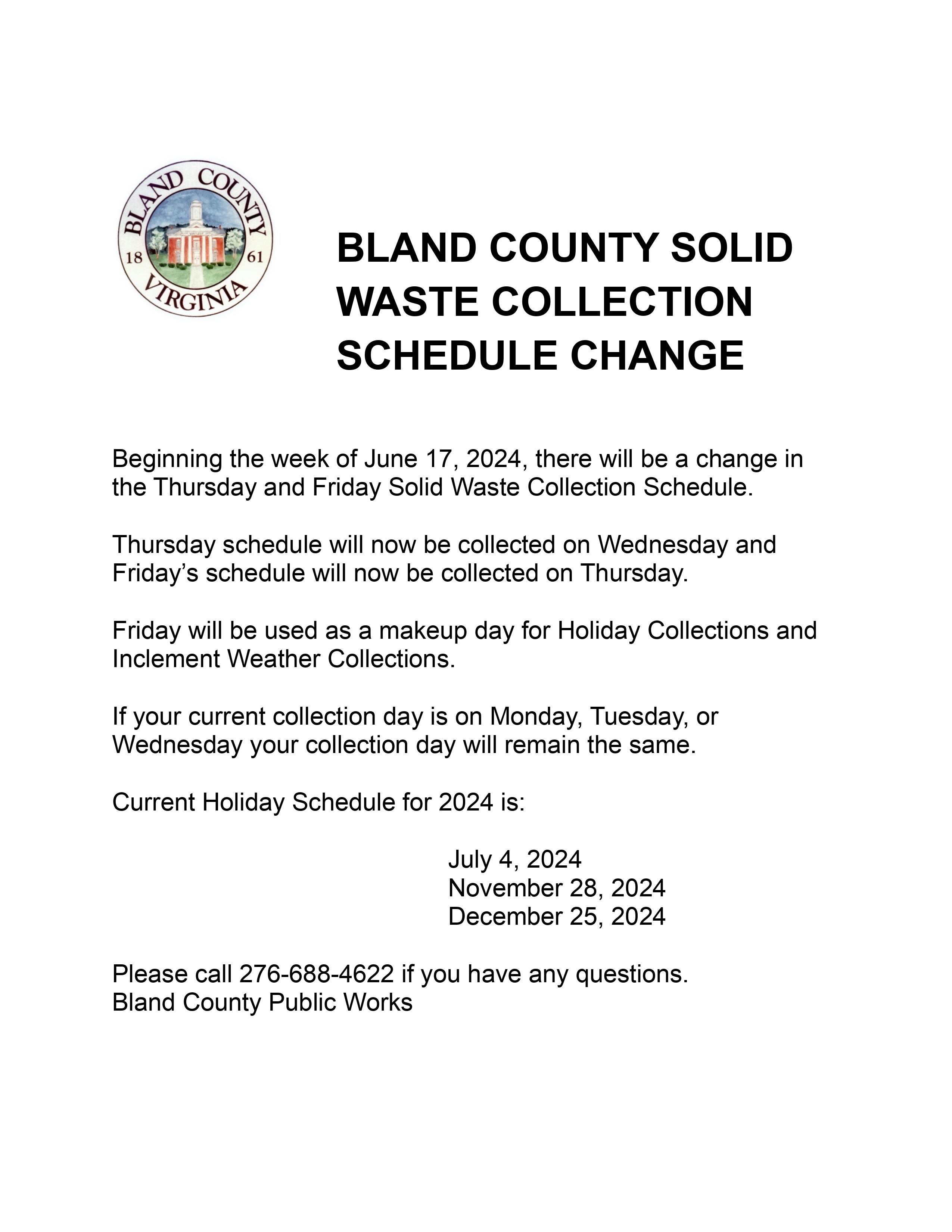 Solid Waste Collection Schedule Change County Announcements News